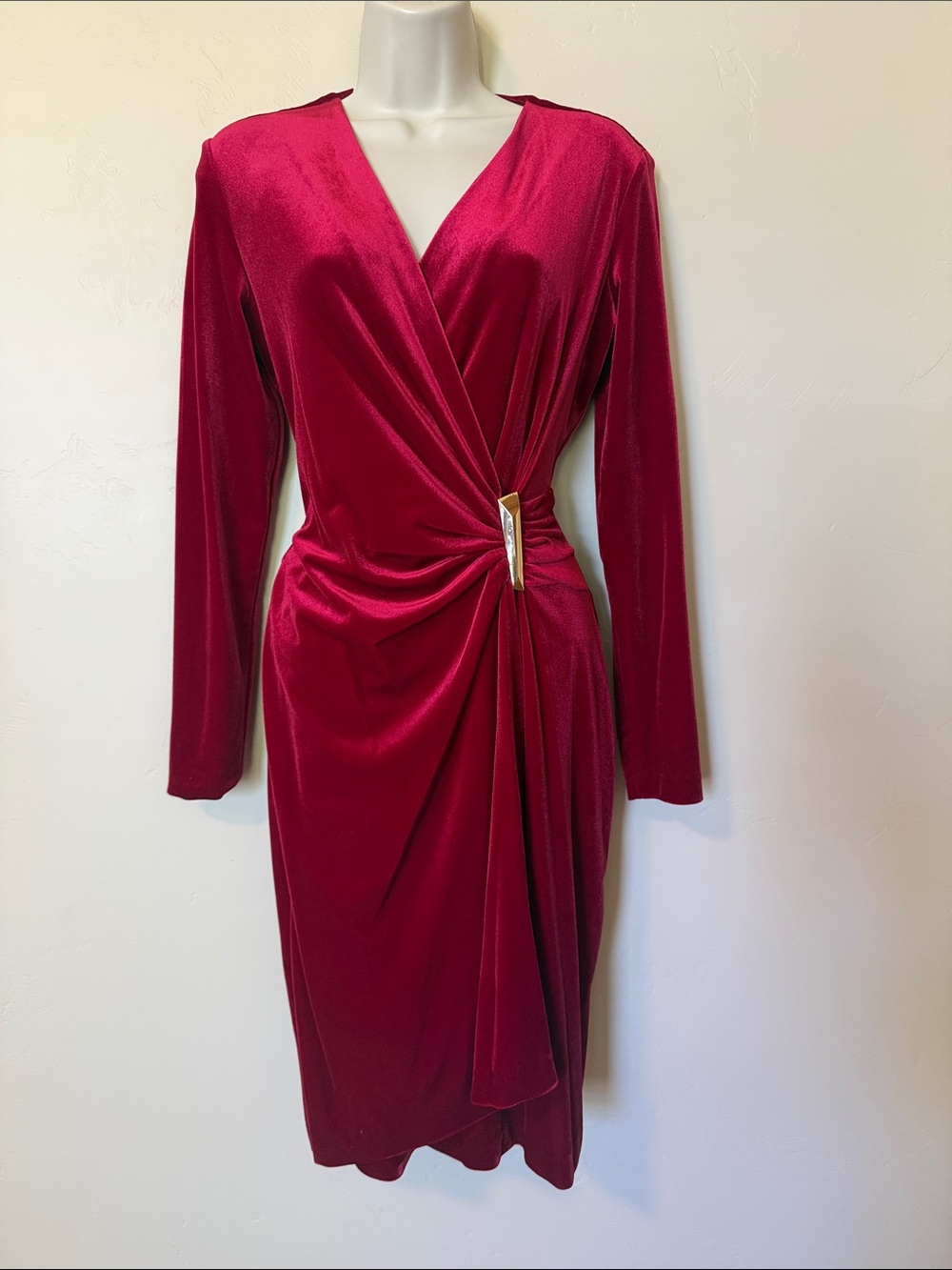 Calvin Klein Deep Berry Long-Sleeve Wrap Dress with Side Hardware